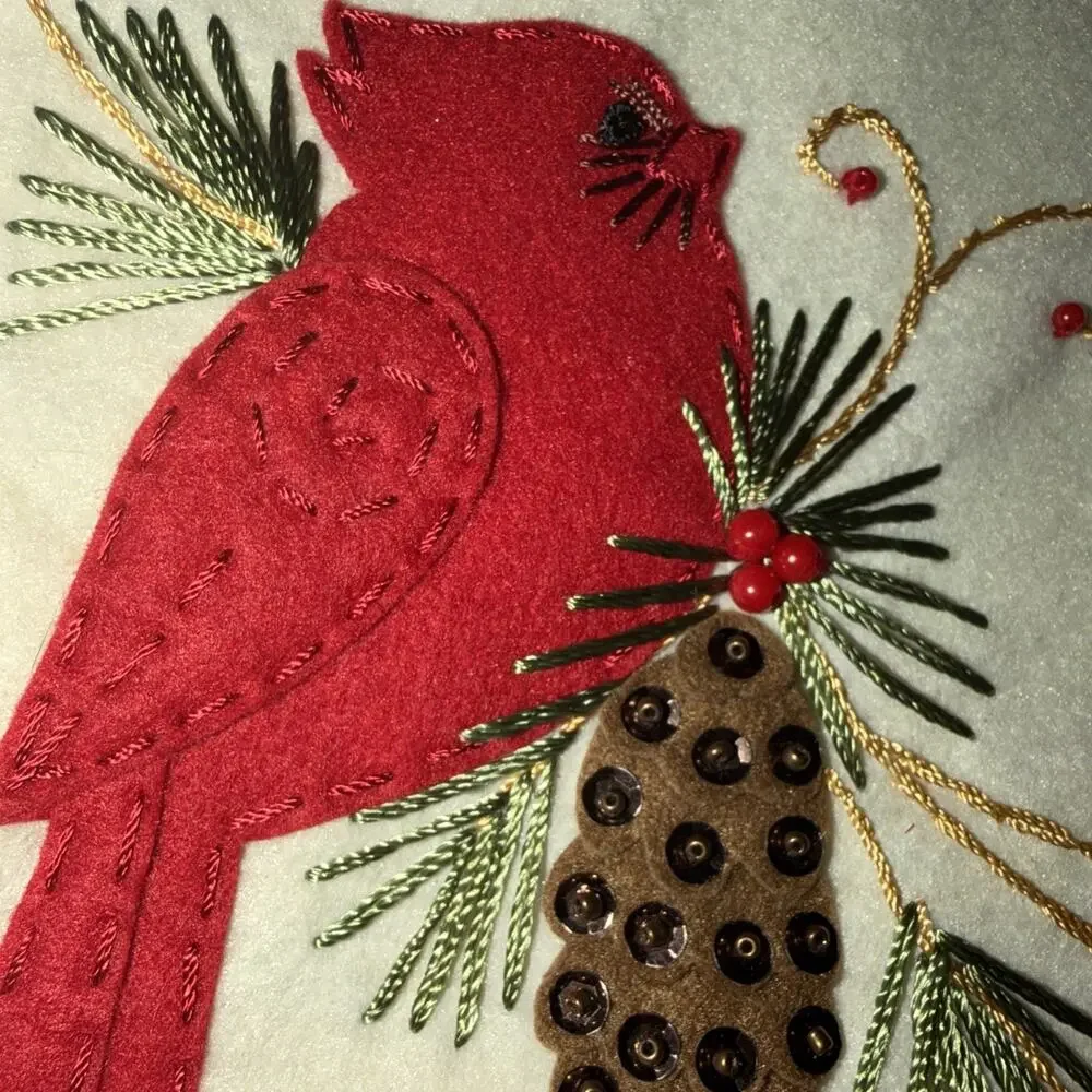 Christmas Stocking Cardinal Birds Ribbon Embroidery Cream Velvet Red Cuff 20